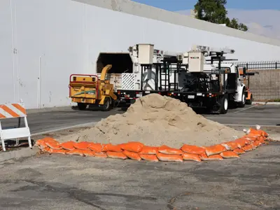 Sand pile at Cerritos Corporate Yard where residents can fill sand bags. 
