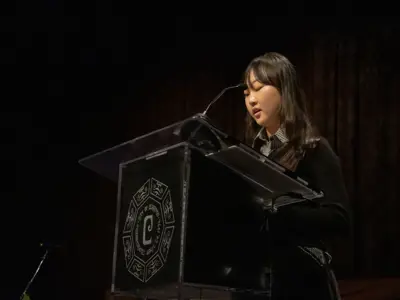 A winner of the 2026 MLK Art and Writing Contest speaking at the MLK Jr., Day Ceremony
