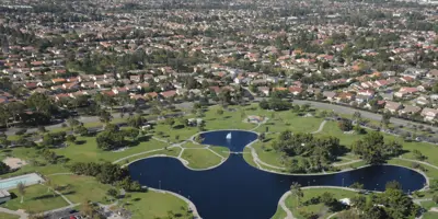 Aerial view of Cerritos Sports Complex with lake