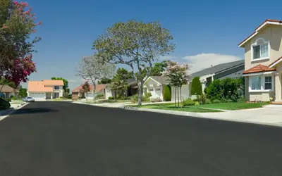 Newly paved asphalt on residential street