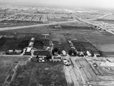 Old black and white photo of undeveloped Cerritos land, circa 1960s