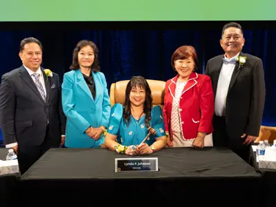 The newly reorganized Cerritos City Council for 2026-2027, pictured from left: Mayor Pro Tem Mark E. Pulido, Councilmember Jennifer Hong, Mayor Lynda P. Johnson, Councilmember Sophia M. Tse, and Councilmember Frank Aurelio Yokoyama.