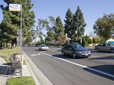 Cars traveling on roadways in Cerritos